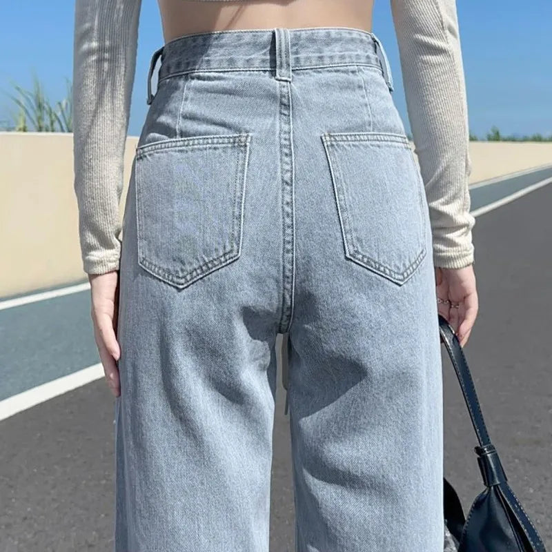 Denim Jeans Women Wash Drawstring Korean Loose Wide Leg Drop Straight Long Ladies Pants Trend Brand Trousers Dropship - Mozarto Enterprise