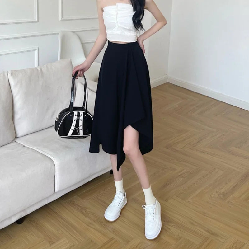 Black Irregular Skirt Women Spring Summer High Waist Thin Mid-length Umbrella Skirts Plus Size Bottoms Vintage Y2k Clothes - Mozarto Enterprise