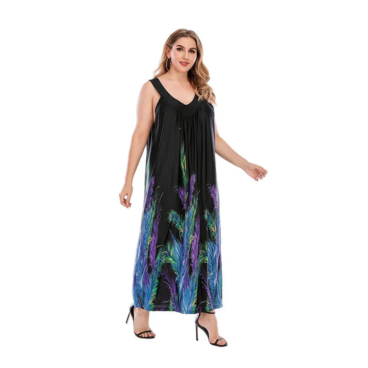 Women's plus size clothing weighing 200 pounds, chubby mm, can wear a loose V-neck dress with black feathers for women