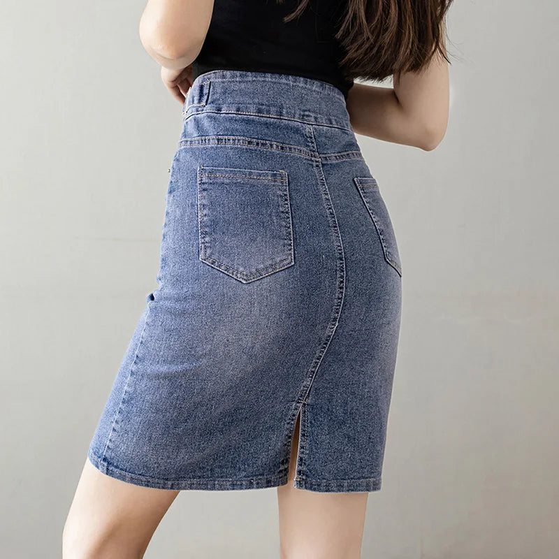 Biyaby Split Jean A-Line Skirt Woman 2023 Summer High Waist Double Buttons Blue Midi Skirts for Women Korean Office Denim Skirt - Mozarto Enterprise