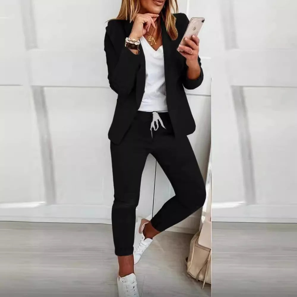 Women's Solid Color Jacket & Pants Suit Set