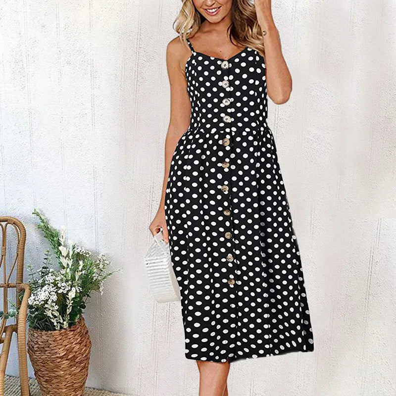 Beach Printing Suspenders Summer Midi Dress