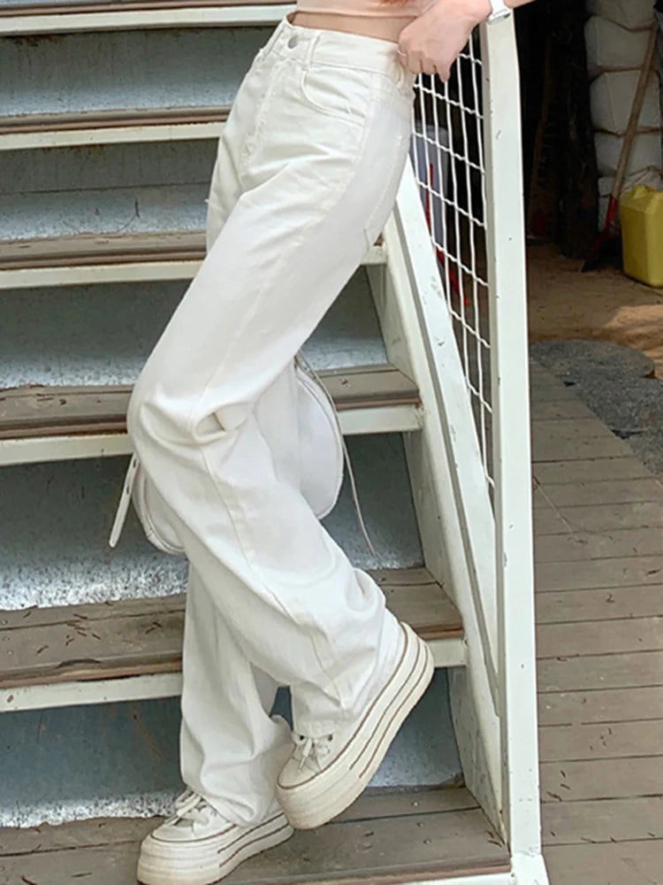 Female High Waist Loose Wide Leg Jeans Lady Non Strech Straight Leg Pants Girls White Light Blue Deep Blue Korean Denim Trousers - Mozarto Enterprise