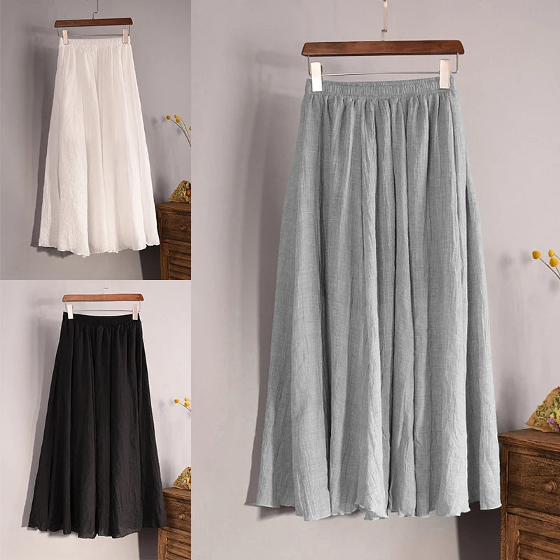 Vintage Solid Pleated Long Skirts Cotton Linen Maxi Skirt for Women Summer Elastic Waist  Girls Boho Beach Skirt A-Line Skirt - Mozarto Enterprise