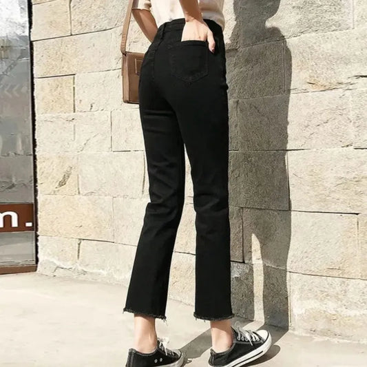 Black High-Waisted Summer Thin Women's Denim Jeans New Stretch All-Match Straight Classic Pants Raw Edge Ninth Length Dropship - Mozarto Enterprise