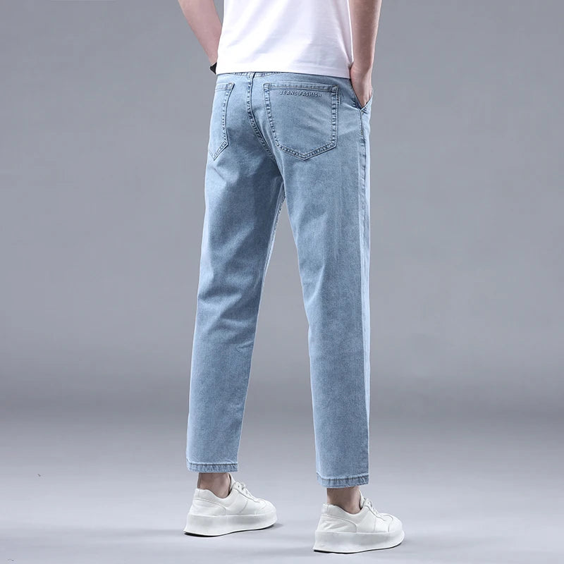 New Summer 95% Cotton Straight Thin Jeans for Men Classic Style Stretch Soft Fabric Light Blue Denim Ankle-Length Pants Male - Mozarto Enterprise