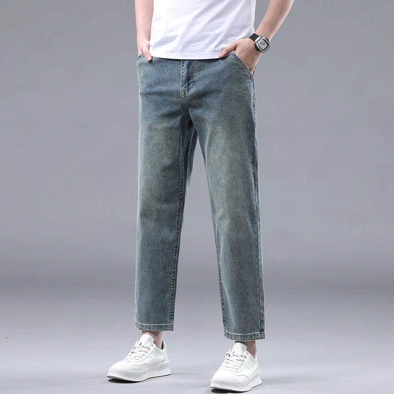 New Summer 95% Cotton Straight Thin Jeans for Men Classic Style Stretch Soft Fabric Light Blue Denim Ankle-Length Pants Male - Mozarto Enterprise