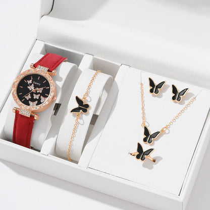 Women's Butterfly Watch Ring Necklace Bracelet Set