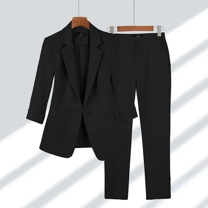 Women Spring Summer Thin Blazers Pants Two Piece Set 2024 New Office Lady Solid Professional Suit Workwear Outfits Female - Mozarto Enterprise