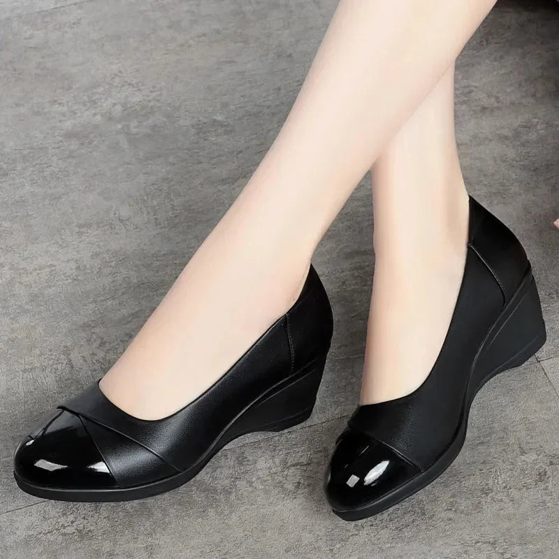 Women Fashion Light Weight Wedge Heel Comfort Spring & Autumn Shoes Lady Casual Sweet Home & Outside Black Leather Pumps E1419 - Mozarto Enterprise