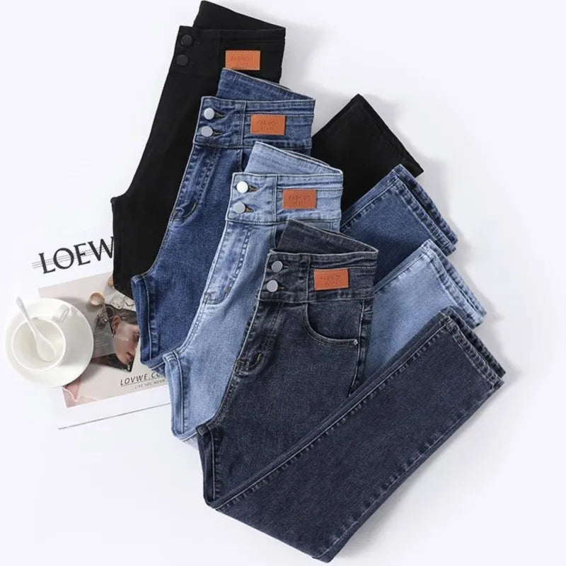 New Arrival Women Jeans High Waisted Elastic Female Jeans Double Straight Slimming Buckle Ninth Point Korean Smoke Pipe Pants - Mozarto Enterprise