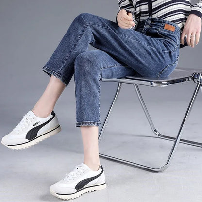 New Arrival Women Jeans High Waisted Elastic Female Jeans Double Straight Slimming Buckle Ninth Point Korean Smoke Pipe Pants - Mozarto Enterprise