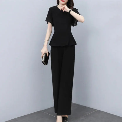 Summer New Fashion Women's Suit Black Thin Flying Sleeve Chiffon Shirt High Waist Wide Leg Pants Temperament Two-piece Set - Mozarto Enterprise