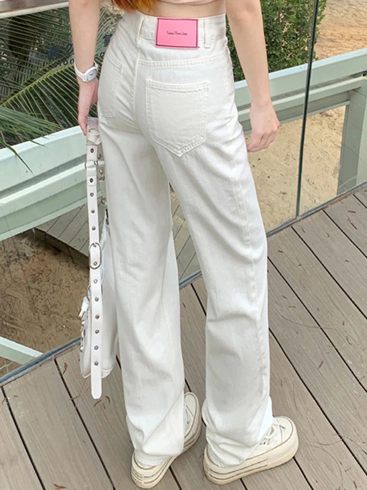 Female High Waist Loose Wide Leg Jeans Lady Non Strech Straight Leg Pants Girls White Light Blue Deep Blue Korean Denim Trousers - Mozarto Enterprise