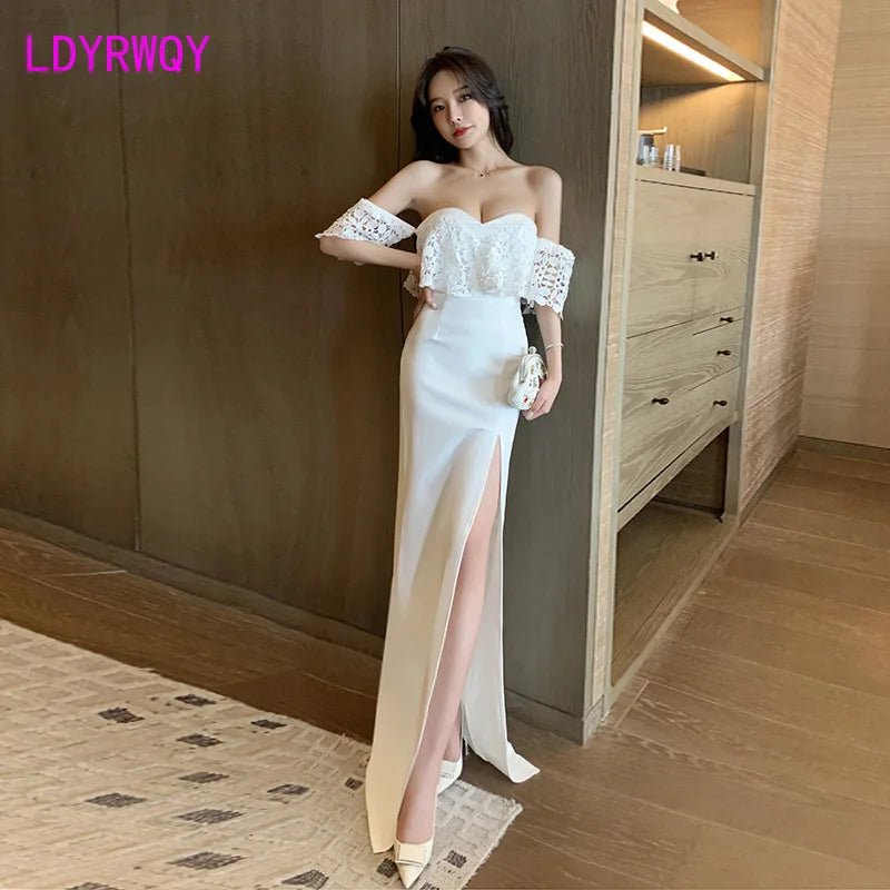 The new low-cut sexy strapless long dress in 2022 wraps the chest with a slit and drags the floor - Mozarto Enterprise