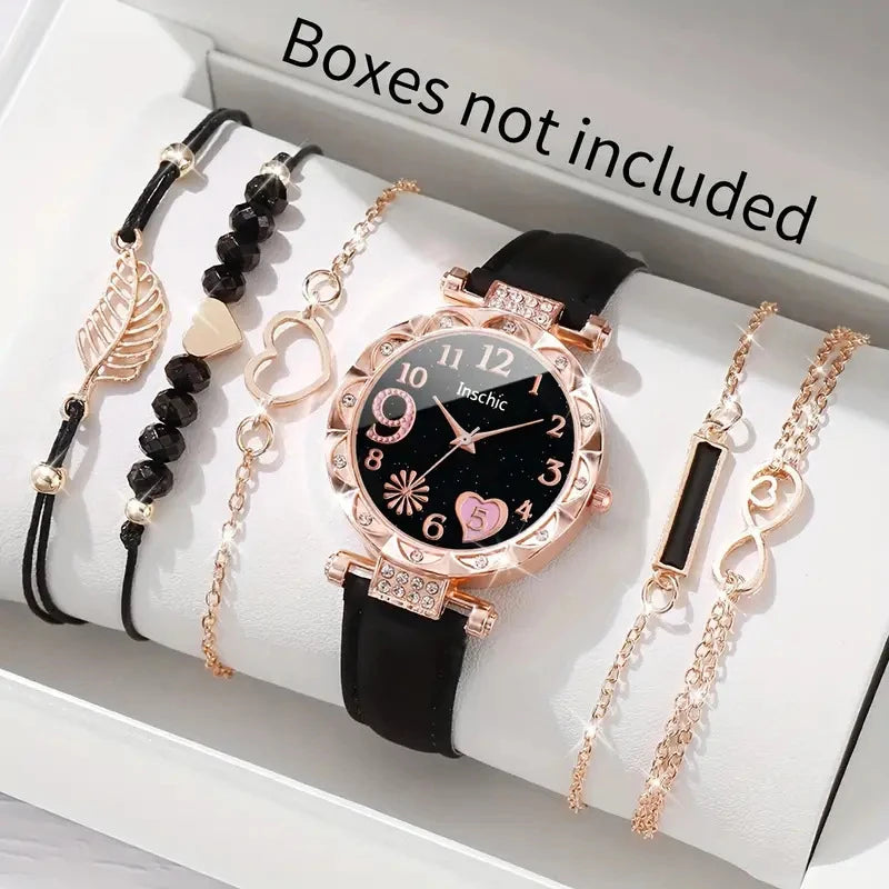 6pcs Women's Flower Quartz Watch & Bracelets Set