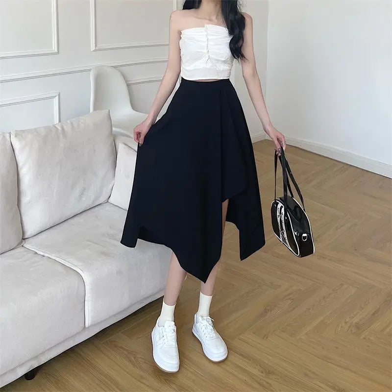 Black Irregular Skirt Women Spring Summer High Waist Thin Mid-length Umbrella Skirts Plus Size Bottoms Vintage Y2k Clothes - Mozarto Enterprise