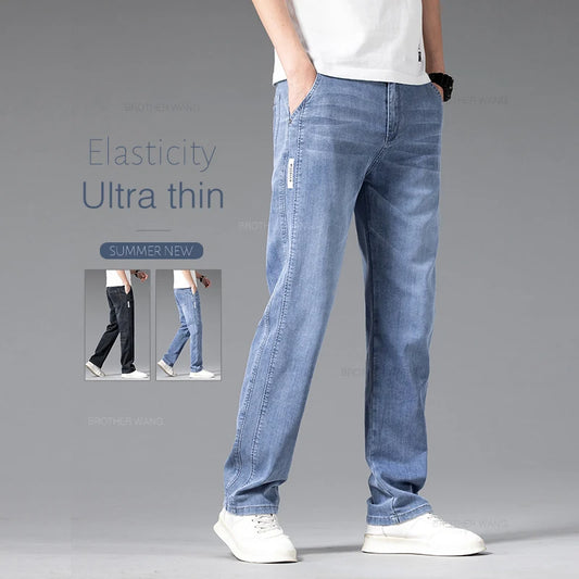 Summer Thin Jeans Men's Loose Straight Pants Fashion Elastic Waist Stretch Cotton Business Casual Denim Trousers Light Blue - Mozarto Enterprise