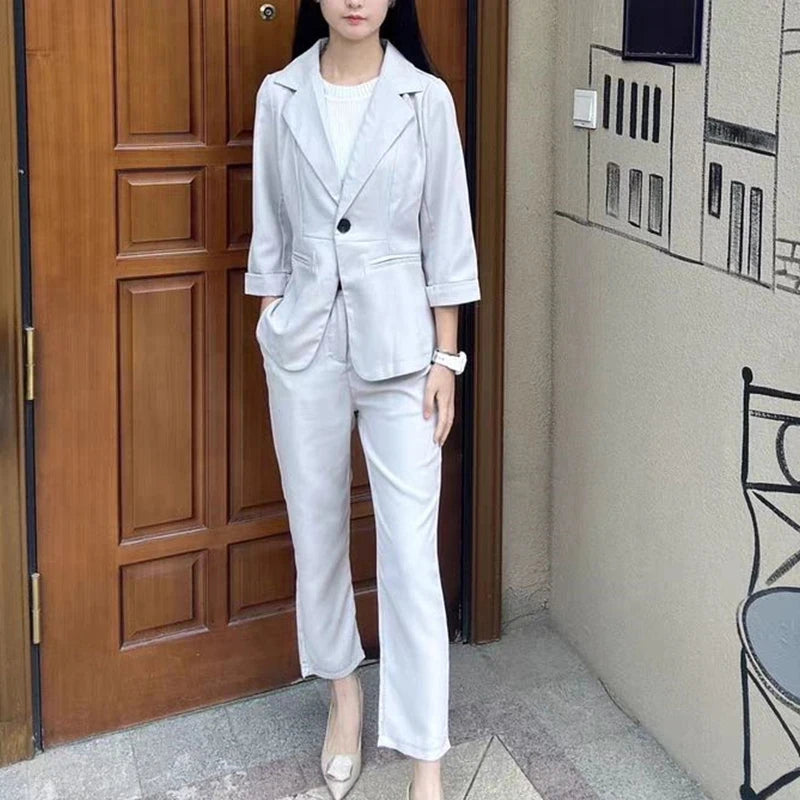 Women Spring Summer Thin Blazers Pants Two Piece Set 2024 New Office Lady Solid Professional Suit Workwear Outfits Female - Mozarto Enterprise