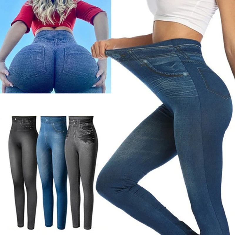 Slim Women Leggings Faux Denim Jeans Leggings Fashion Fitness Leggings High Waist Pencil Pants Skinny Female Workout Running - Mozarto Enterprise