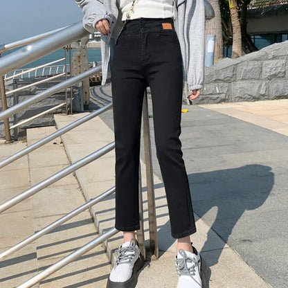 New Arrival Women Jeans High Waisted Elastic Female Jeans Double Straight Slimming Buckle Ninth Point Korean Smoke Pipe Pants - Mozarto Enterprise