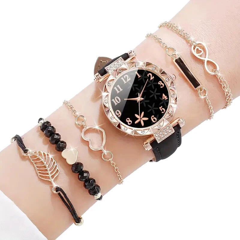 6pcs Women's Flower Quartz Watch & Bracelets Set