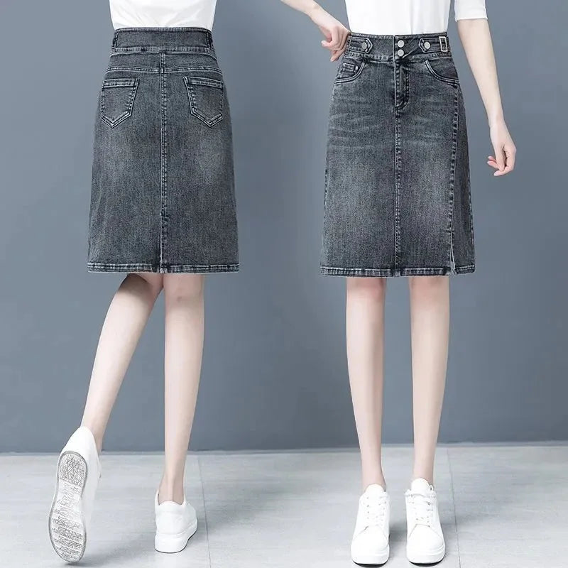 Biyaby Split Jean A-Line Skirt Woman 2023 Summer High Waist Double Buttons Blue Midi Skirts for Women Korean Office Denim Skirt - Mozarto Enterprise