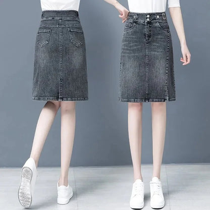 Biyaby Split Jean A-Line Skirt Woman 2023 Summer High Waist Double Buttons Blue Midi Skirts for Women Korean Office Denim Skirt - Mozarto Enterprise