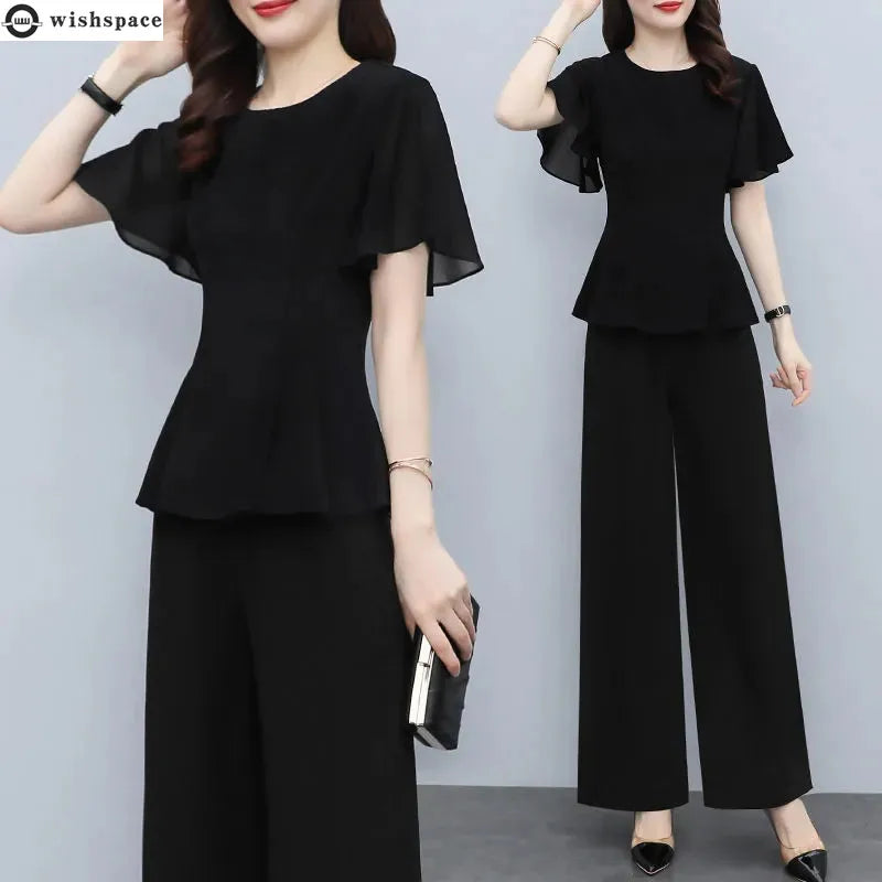 Summer New Fashion Women's Suit Black Thin Flying Sleeve Chiffon Shirt High Waist Wide Leg Pants Temperament Two-piece Set - Mozarto Enterprise