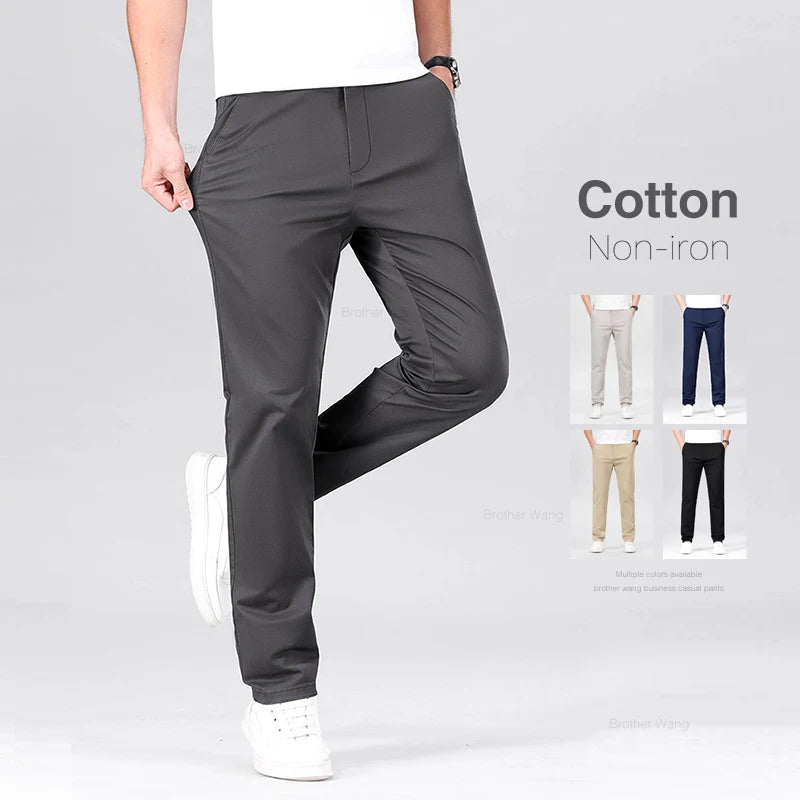 Pure Cotton Men's Elastic Casual Pants Classic Solid Color Business Straight Four-season Trousers Brand Clothes Black Khaki Gray - Mozarto Enterprise