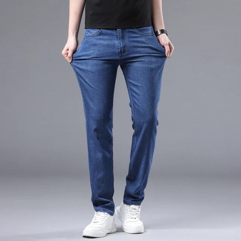 Spring Autumn Fashion Men Loose Straight Lightweight Jeans High Quality Stretch Pants Cotton Denim Classic Brand Trousers - Mozarto Enterprise