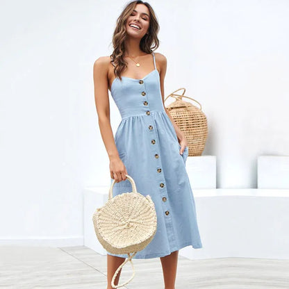 Beach Printing Suspenders Summer Robe Sling V-Neck Seeveless Women's Vesido Sexy Midi Dress Vestidos Elegantes Vestiti Donna - Mozarto Enterprise