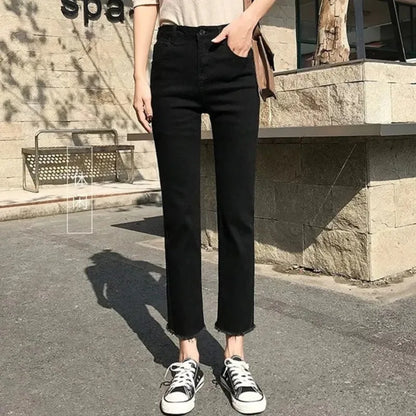 Black High-Waisted Summer Thin Women's Denim Jeans New Stretch All-Match Straight Classic Pants Raw Edge Ninth Length Dropship - Mozarto Enterprise