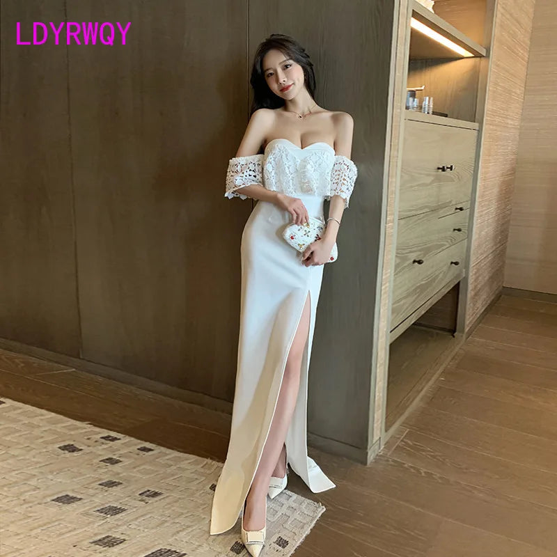 The new low-cut sexy strapless long dress in 2022 wraps the chest with a slit and drags the floor - Mozarto Enterprise