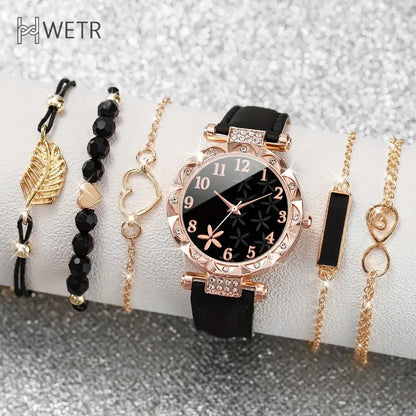 6pcs Women's Flower Quartz Watch & Bracelets Set