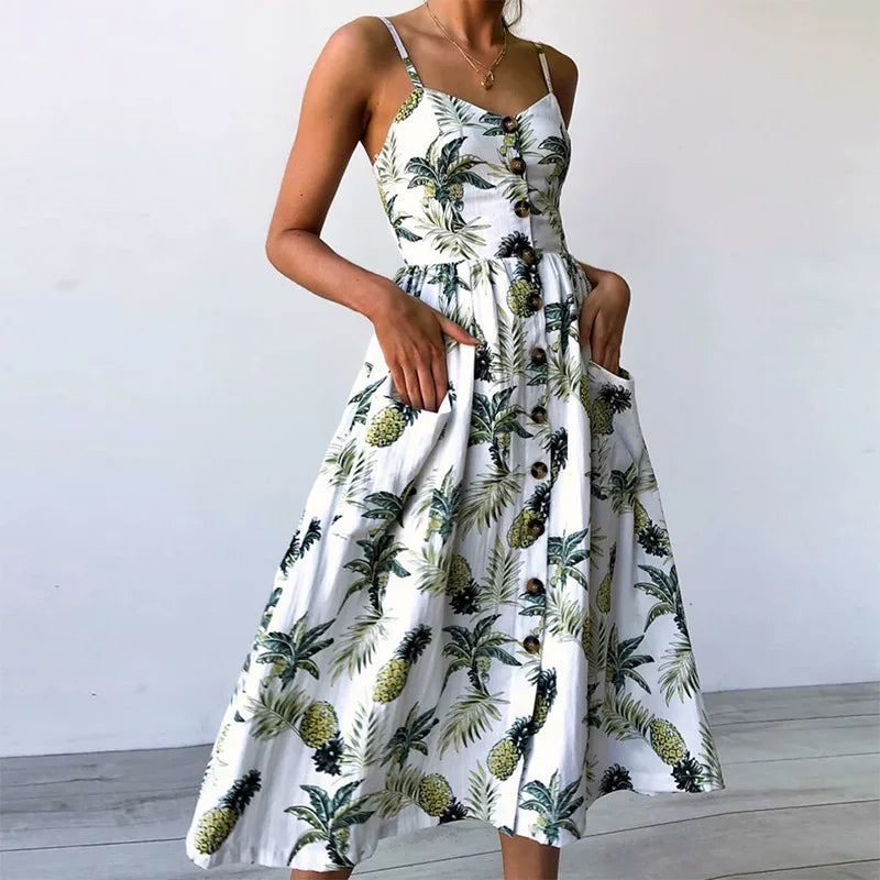 Beach Printing Suspenders Summer Midi Dress