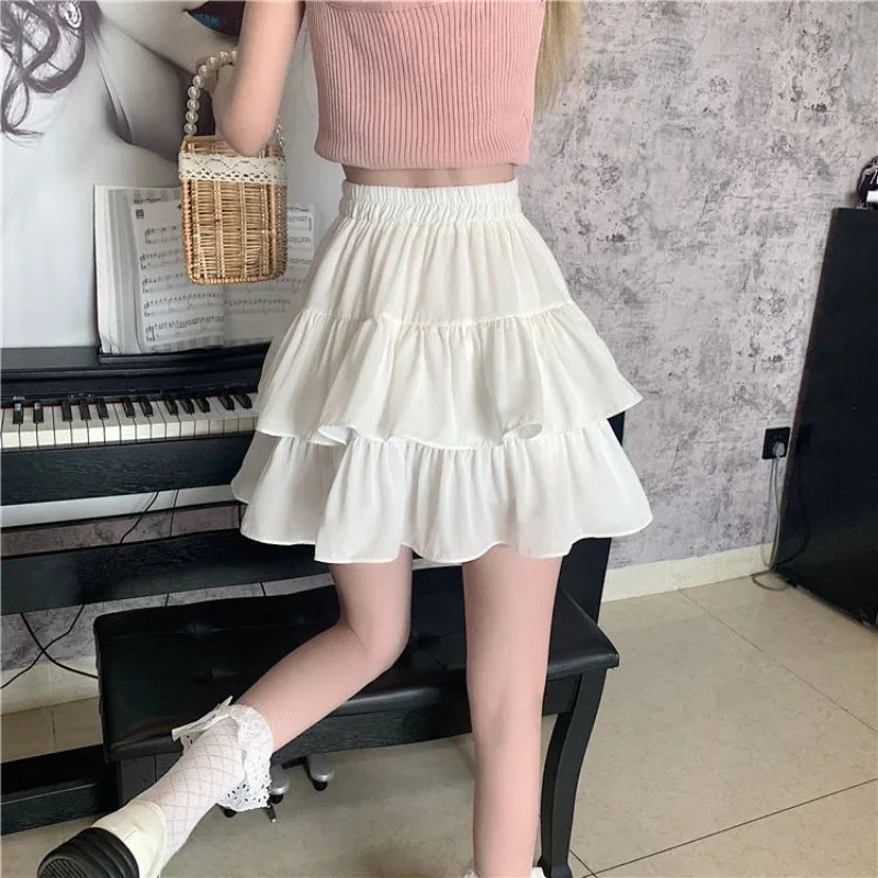 Pleated A-line Skirt White Women Ruffles Sweet Hottie Preppy Style Elastic Elastic Waist Slim Thin SimpleCasual Summer Wholesale - Mozarto Enterprise