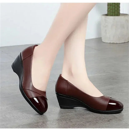 Women Fashion Light Weight Wedge Heel Comfort Spring & Autumn Shoes Lady Casual Sweet Home & Outside Black Leather Pumps E1419 - Mozarto Enterprise