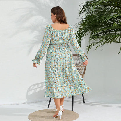 Spring New Elegant Fragmented Flower Dress with Lotus Leaf Sleeves, Plus Size Fat Sister Long Dress