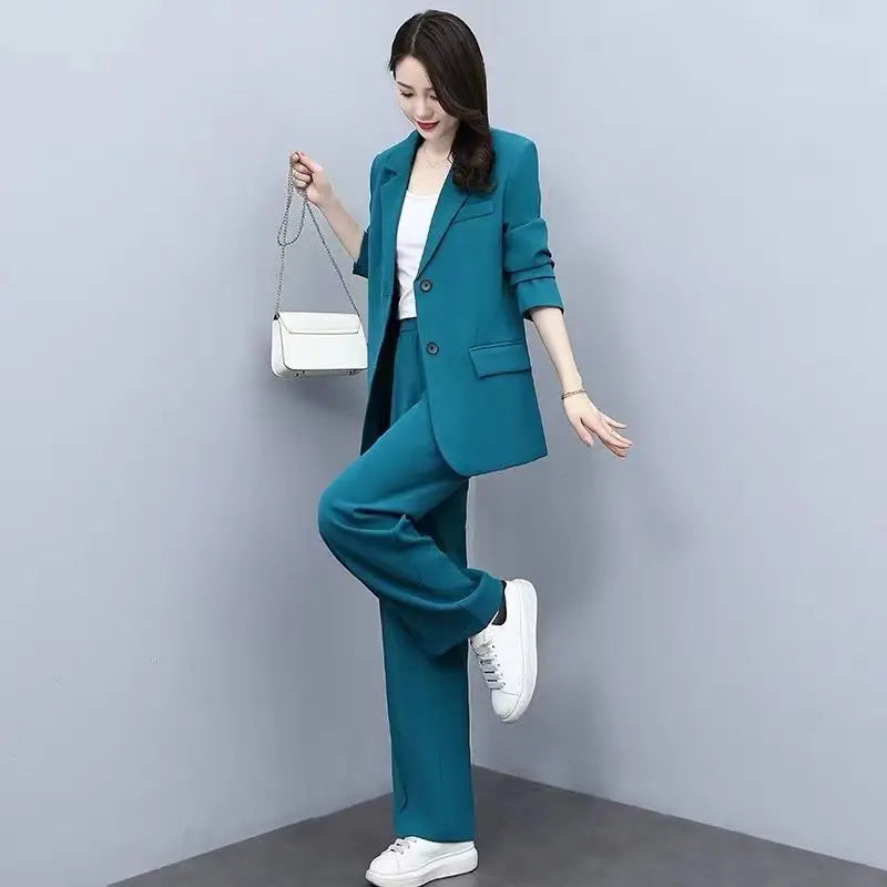 Spring Autumn Thin Women's Blazers Long Pants 2 Piece Set Korean Office Lady Casual Loose Suit Jacket Trousers Outfits Pantsuits - Mozarto Enterprise