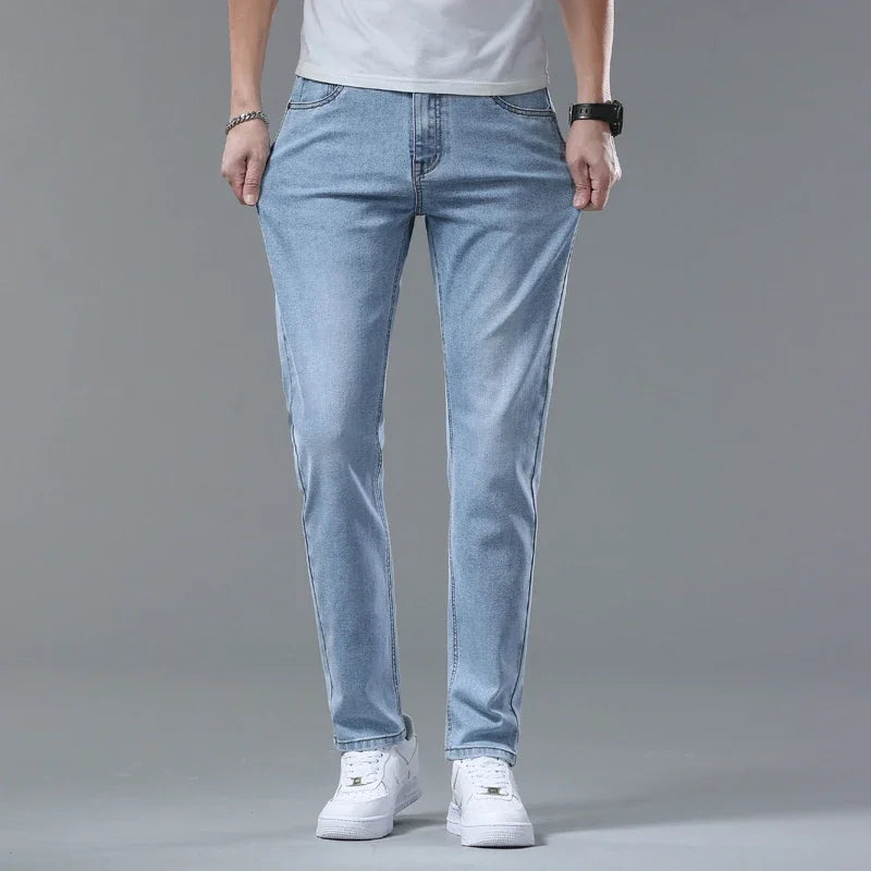 Fashion Korean Light Blue Slim Jeans Men Spring New Classic Regular Stretch Trousers Casual Soft Cotton Denim Trousers Male - Mozarto Enterprise