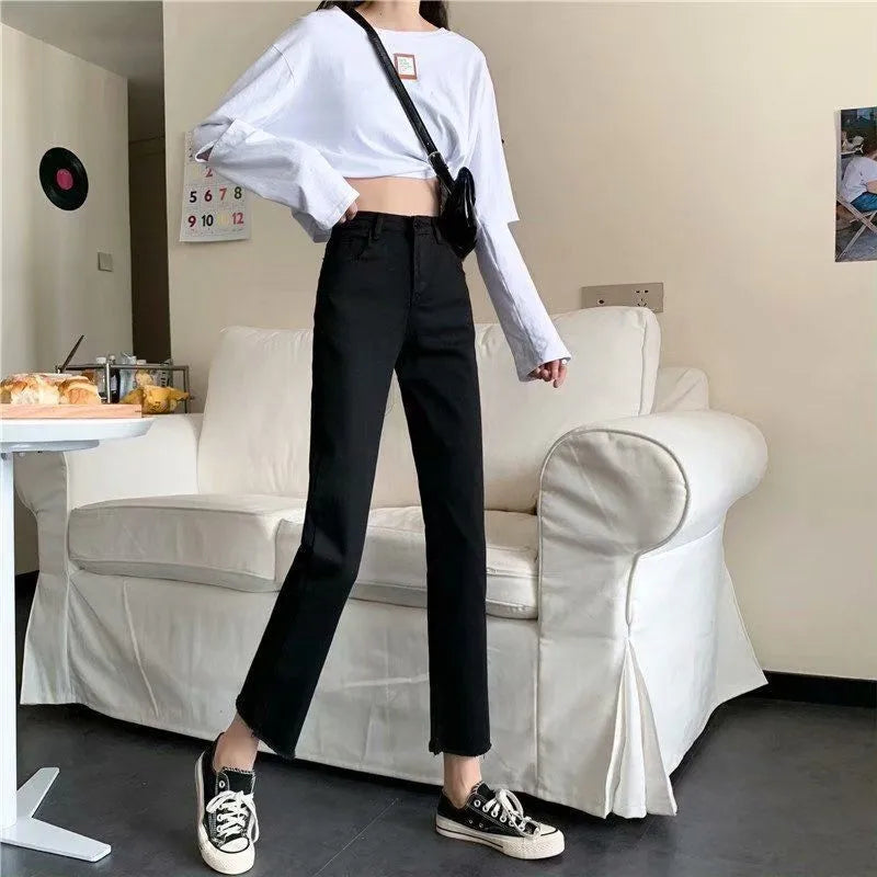 Black High-Waisted Female Denim Jeans Newly Stretched  All Match Classic Pants Straight Raw Edge Women Classic Pants - Mozarto Enterprise