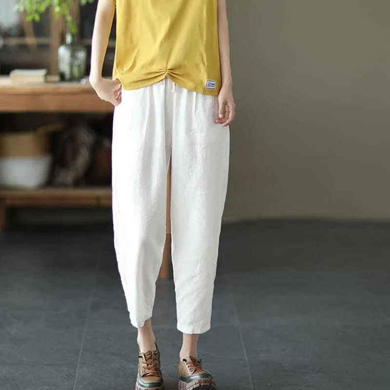 Rimocy 2024 Summer Casual Cotton Linen Pants Women Retro Pockets Loose Harem Pants Woman Solid Elastic Waist Trousers Female - Mozarto Enterprise