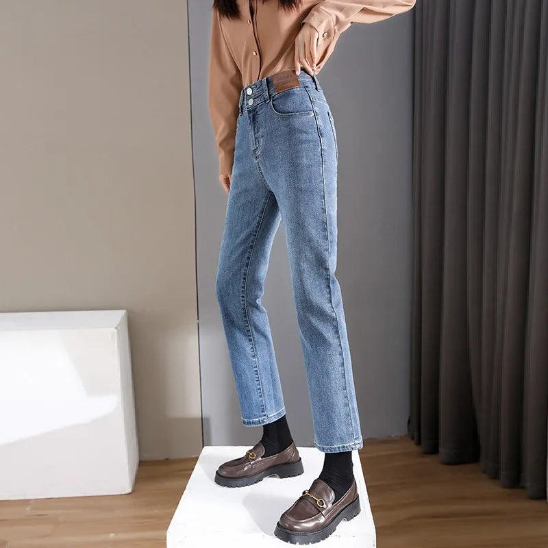 New Arrivals Women's Jeans High Waist Elastic Brand Long Pants Female Brand Regular Fit Double Button Denim Trousers - Mozarto Enterprise