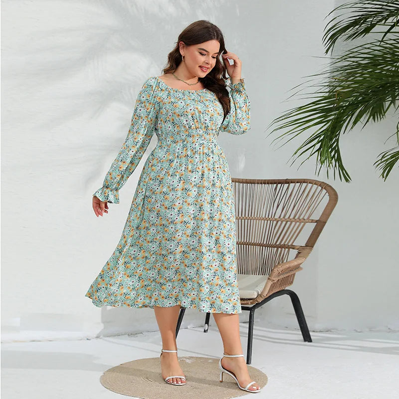 Spring New Elegant Fragmented Flower Dress with Lotus Leaf Sleeves, Plus Size Fat Sister Long Dress