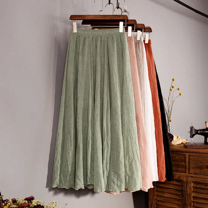 Vintage Solid Pleated Long Skirts Cotton Linen Maxi Skirt for Women Summer Elastic Waist  Girls Boho Beach Skirt A-Line Skirt - Mozarto Enterprise