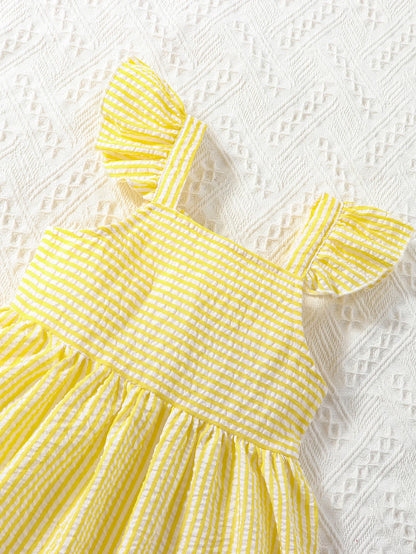 Summer girls cute and fashionable double-sided wrinkled yellow striped suspender casual dress