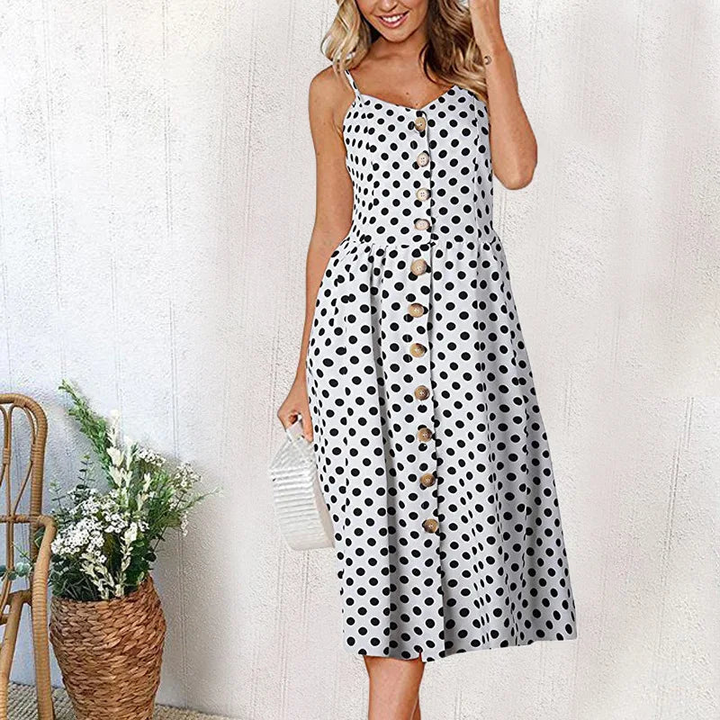 Beach Printing Suspenders Summer Midi Dress