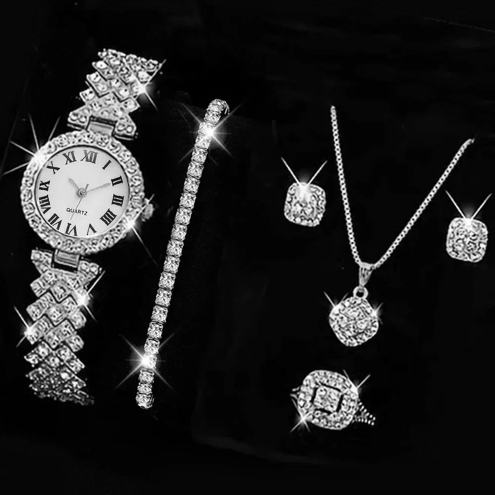 5PCS Fashion Rhinestone Jewelry & Watch Set