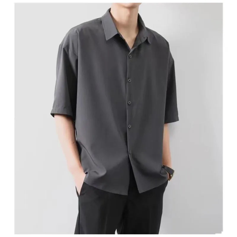 Premium Men Ice Silk Shirt Spring Summer Thin Luxury Loose Korean Business Shirt Solid Trendy Ruffle Draping Shirt Jacket B0142 - Mozarto Enterprise